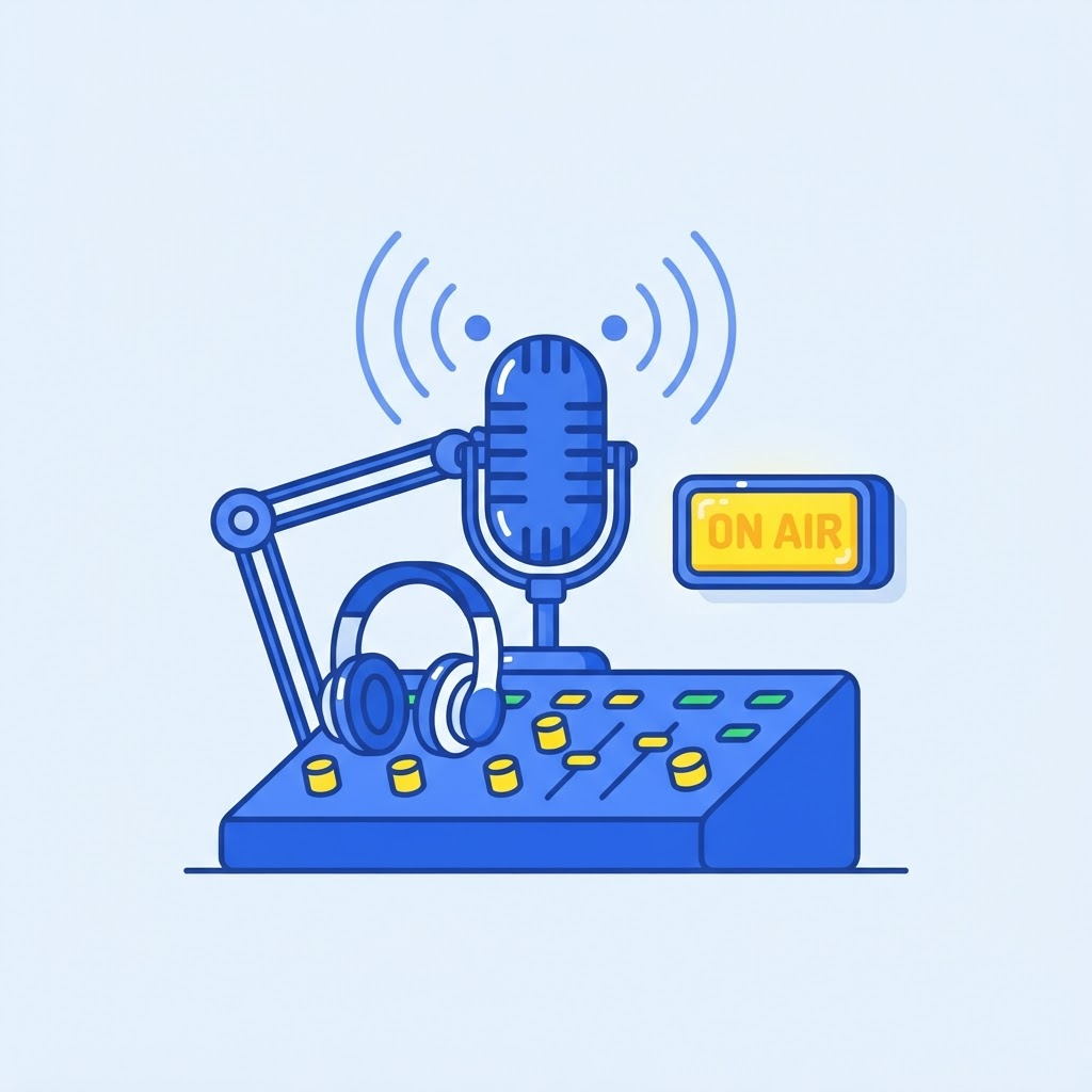 Ilustración de un estudio de radio AM con micrófono clásico y consola