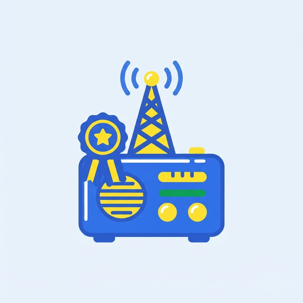 Ilustración de estación de radio con trayectoria y galardón