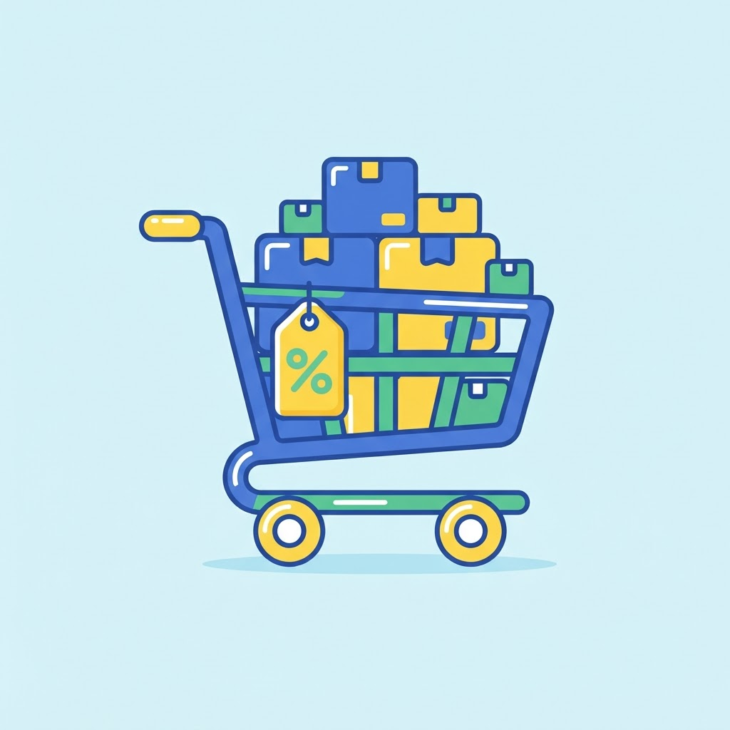 Ilustración de un carrito con productos y etiqueta de descuento