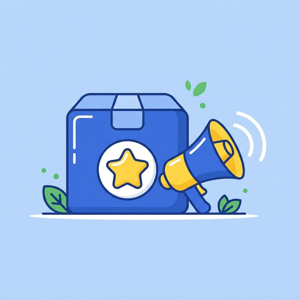 Ilustración de un empaque con insignia de marca y megáfono
