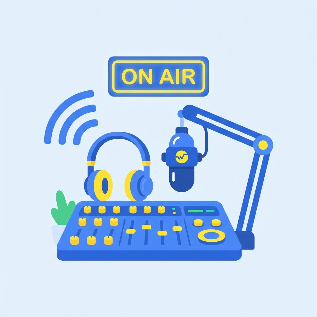 Ilustración de un estudio de radio con micrófono, consola y ondas de señal
