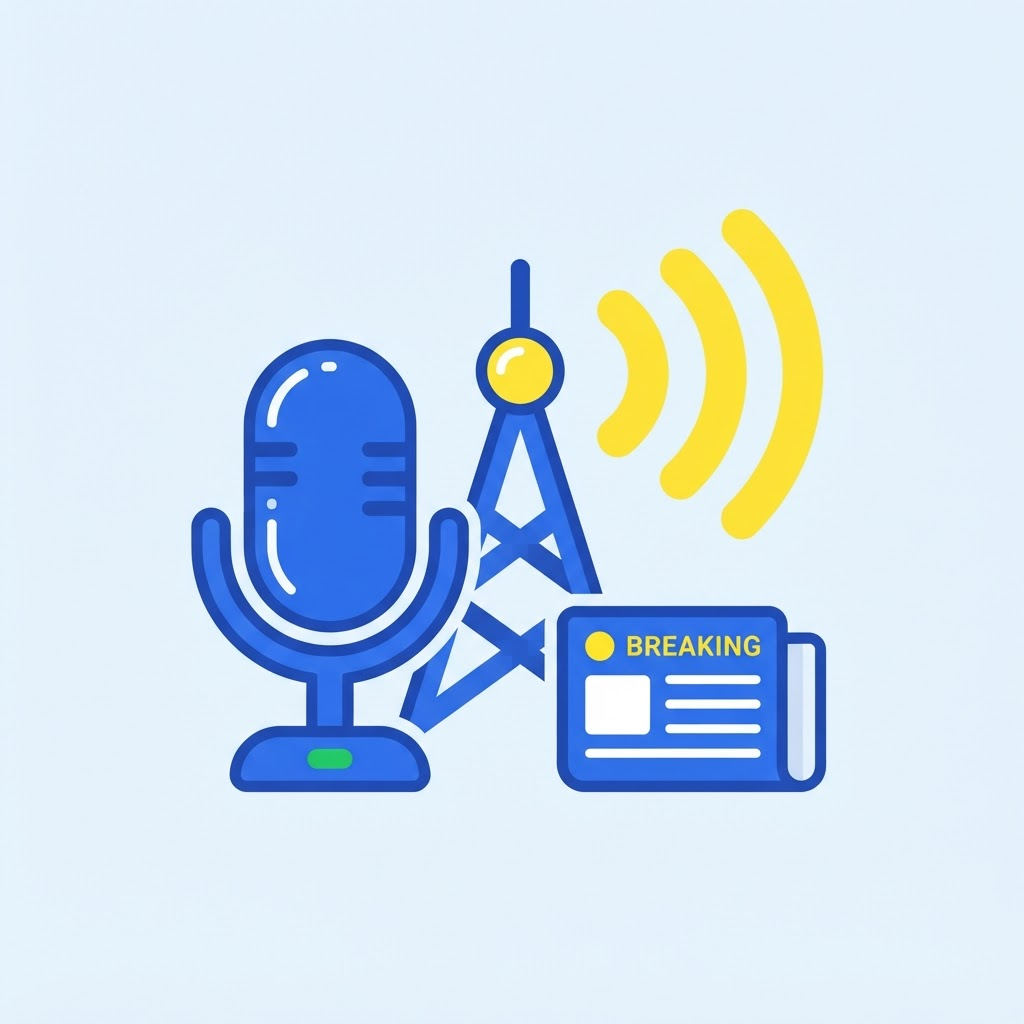 Ilustración de radio informativa con torre de transmisión