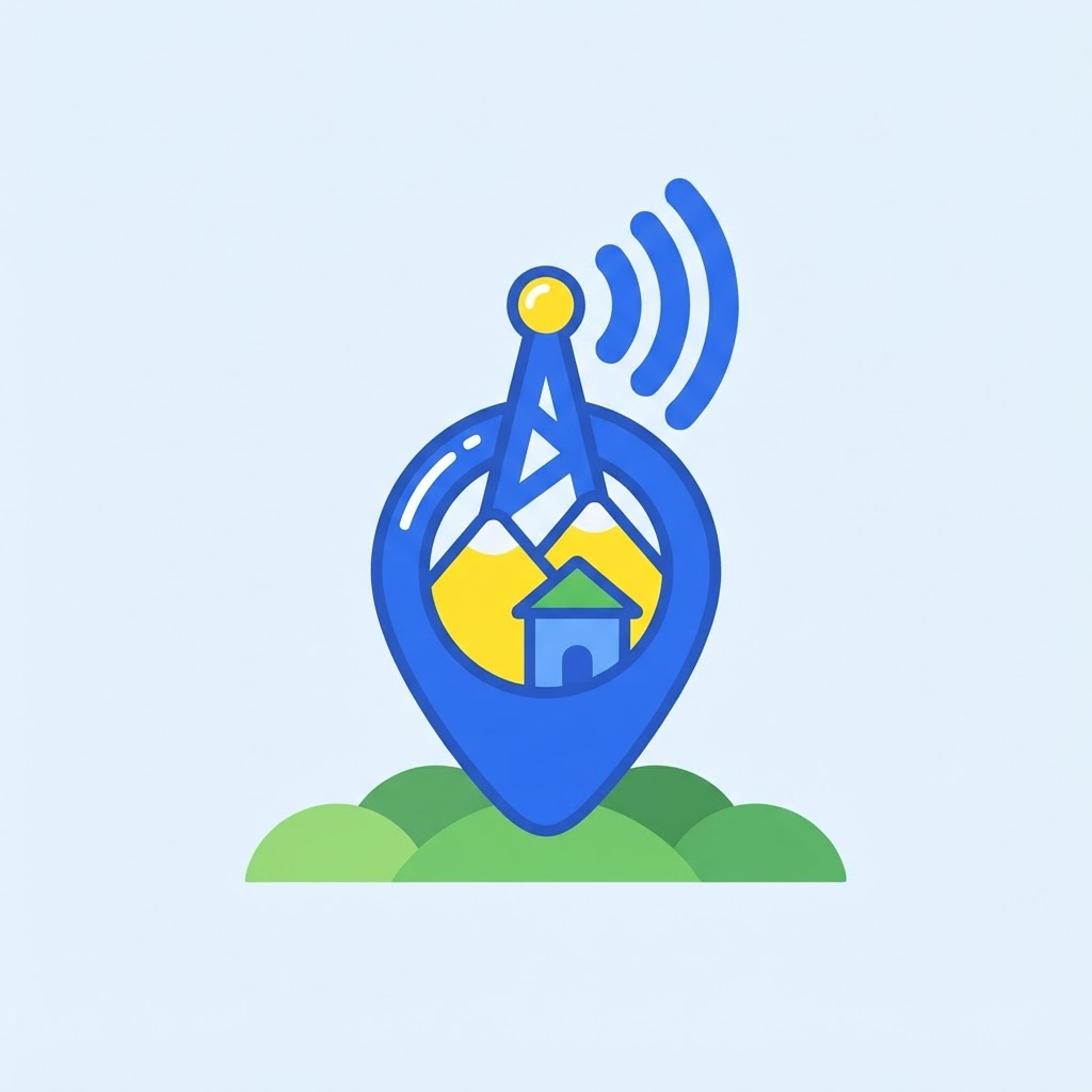 Ilustración de radio local con marcador de ubicación y torre