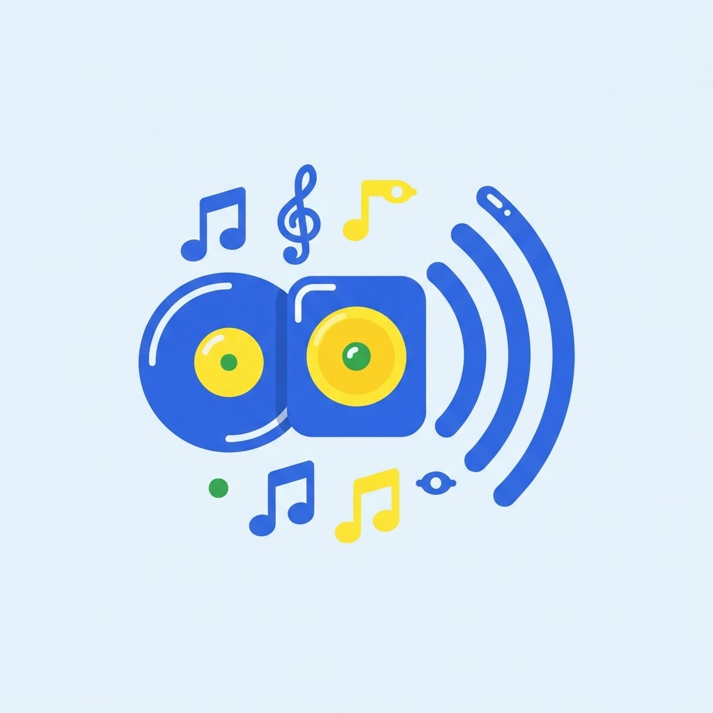 Ilustración de radio musical con notas y disco de vinilo