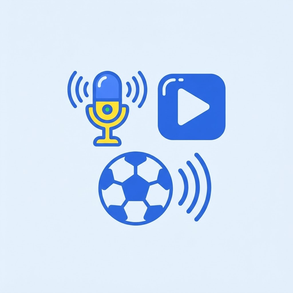 Ilustración de un micrófono, botón de play y balón con ondas de sonido