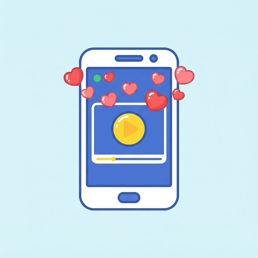 Ilustración de un teléfono con un botón de video y corazones