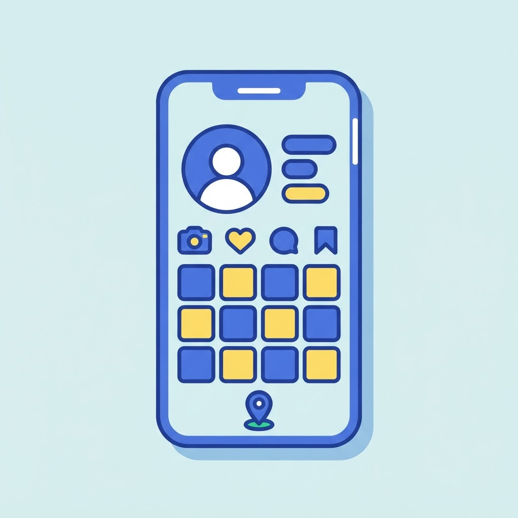 Ilustración de un teléfono mostrando un perfil de Instagram con una cámara y un corazón