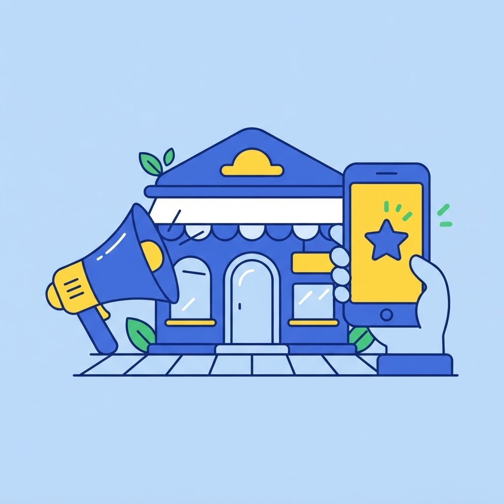 Ilustración de una tienda con un megáfono y un teléfono con una campaña