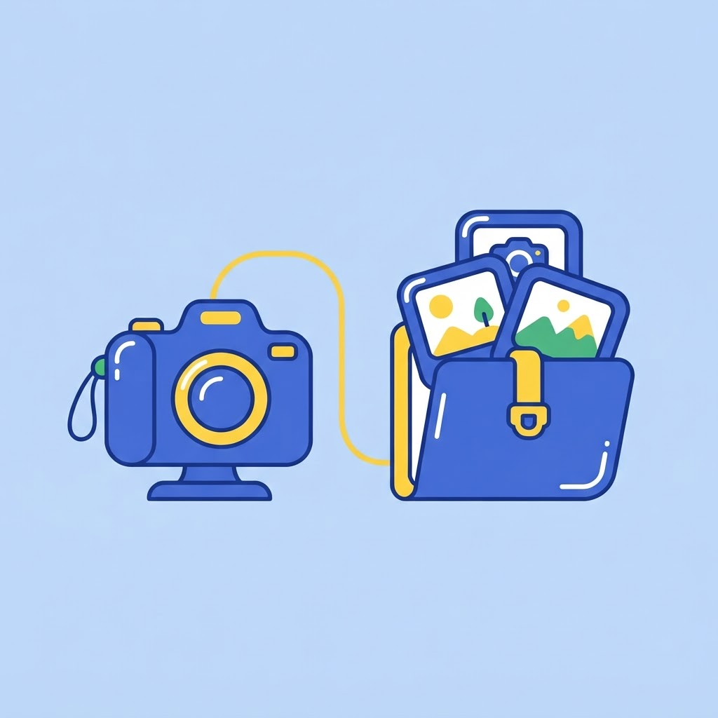 Ilustración de una cámara y un portafolio de fotografías