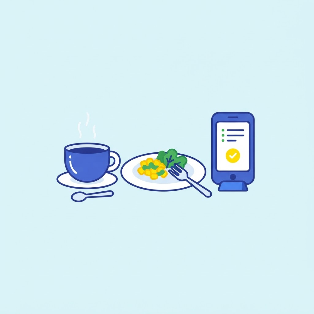 Ilustración de una taza de café y un plato junto a un teléfono
