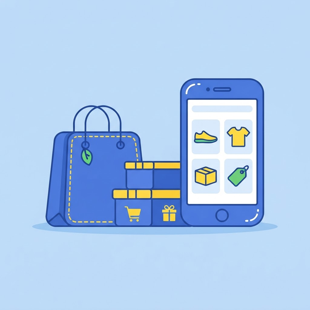 Ilustración de una bolsa de compras y un teléfono con productos