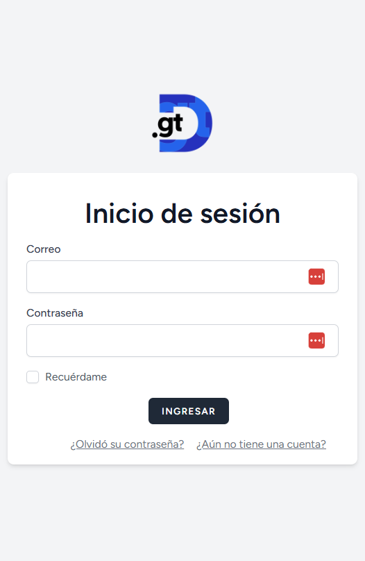 Formulario de inicio de sesion de Dominios.gt