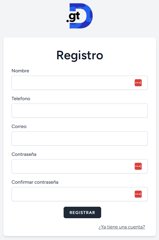 Formulario de registro de nuevo usuario de Dominios.gt