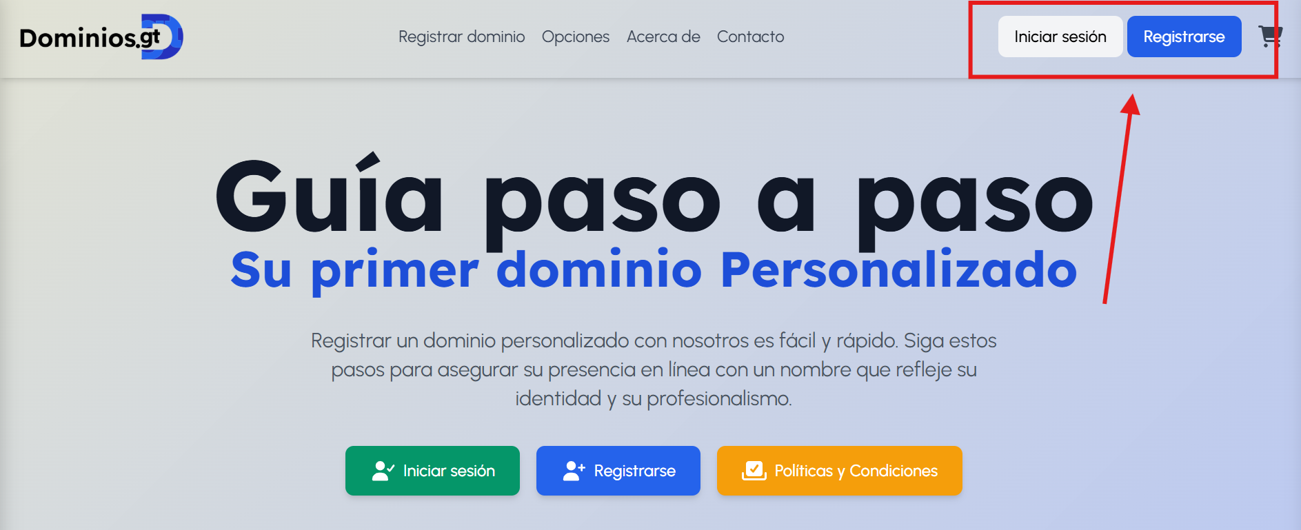 Botones de sesion de Dominios.gt