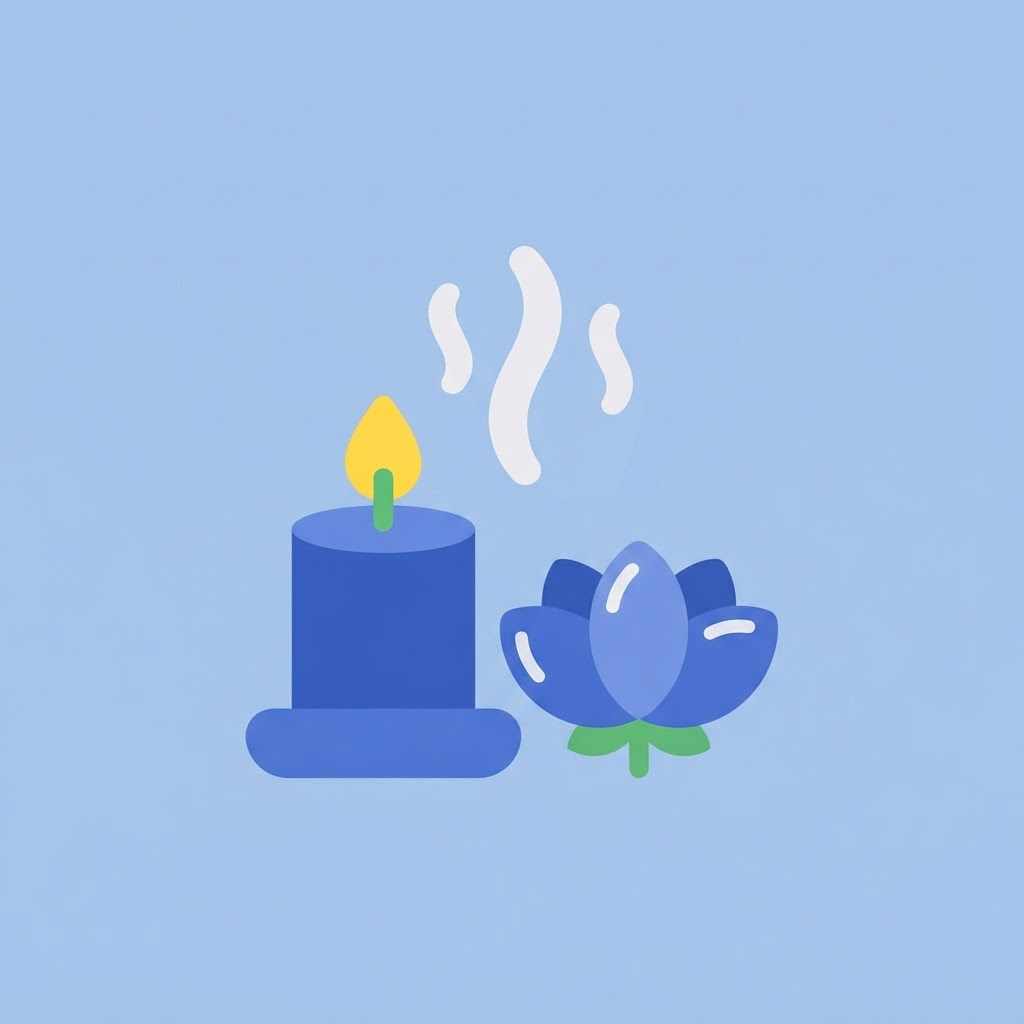 Ilustración de una vela aromática y una flor de loto con vapor suave, representando la atención al detalle de una experiencia de bienestar
