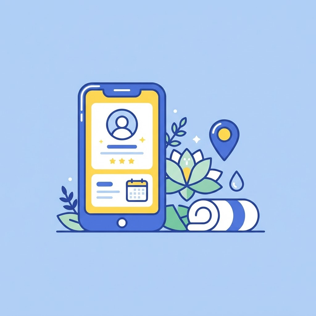 Ilustración de un teléfono mostrando el perfil de un spa junto a una flor de loto y una toalla