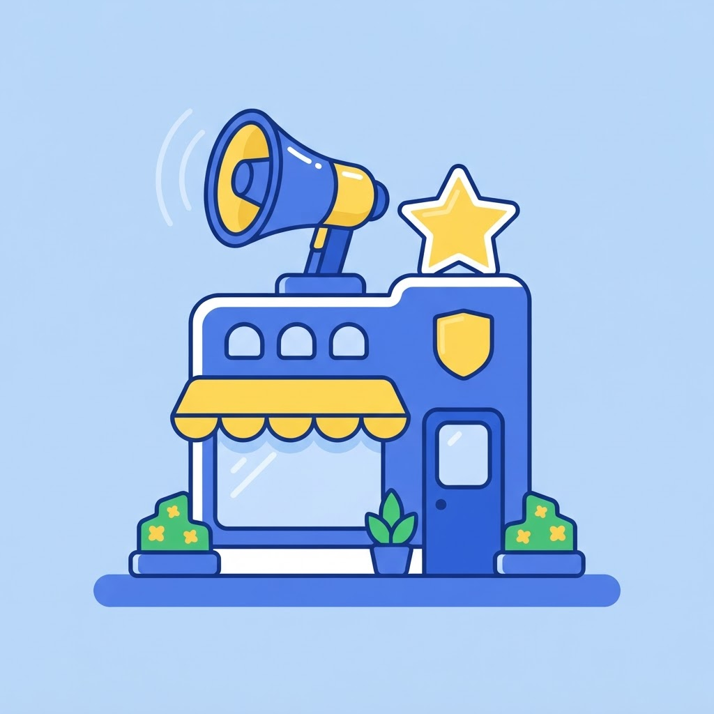 Ilustración de una tienda con un megáfono y una campaña