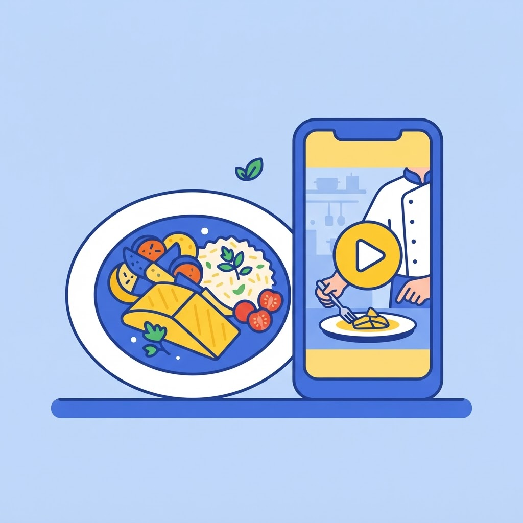 Ilustración de un platillo y un teléfono con contenido de TikTok