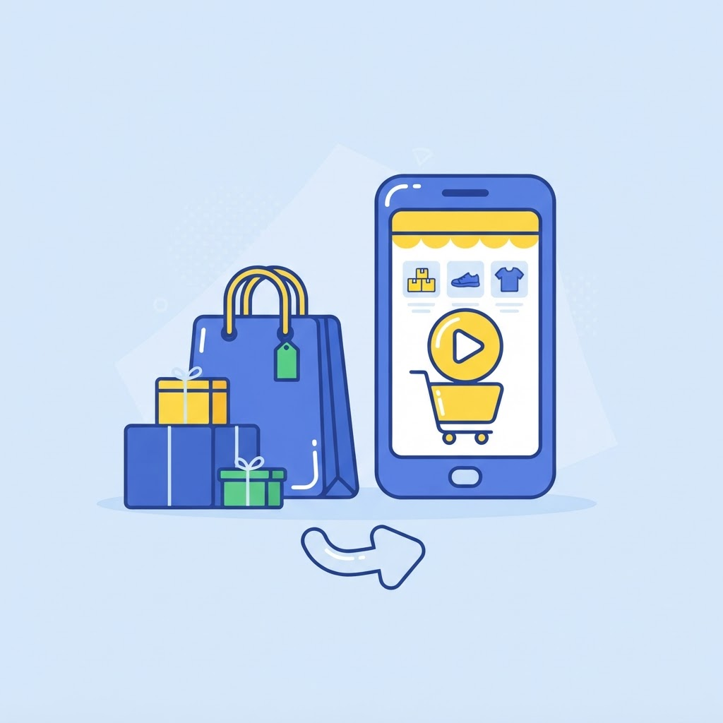 Ilustración de una bolsa de compras y un teléfono con productos